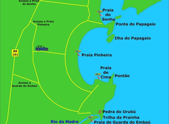 Mapa da região da Guarda do Embaú e da Praia da Pinheira, no litoral sul de Santa Catarina (mapa da internet)